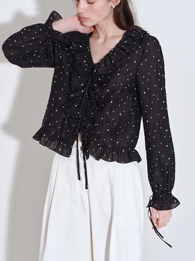 fano Shape Retaining Lyocell Korean Slim Fit V-neck Long Sleeve Polka Dot Blouses