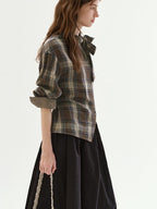 fano Soft Cotton Tie Bow Plaid Long Sleeve Stand Collar Office Cardigan Women Blouses