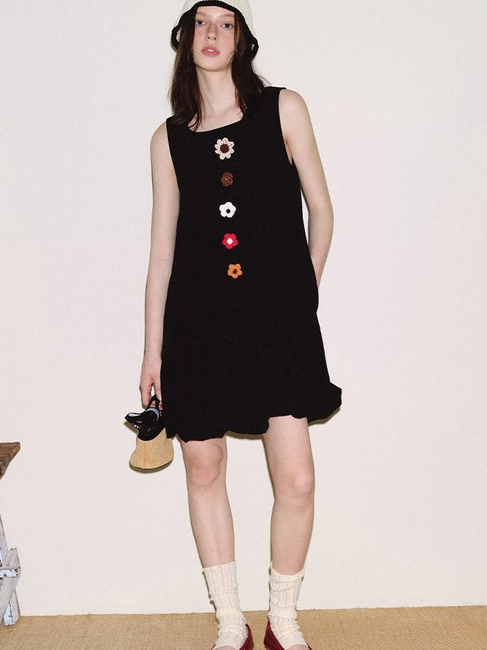 fano Viscose Linen Sleeveless Natural Waist Bubble A Line Casual Black Midi Dresses