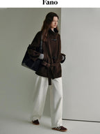 fano Minimal Commuter Straight Midlength Stand Collar Pocket Toggle Women Short Coat
