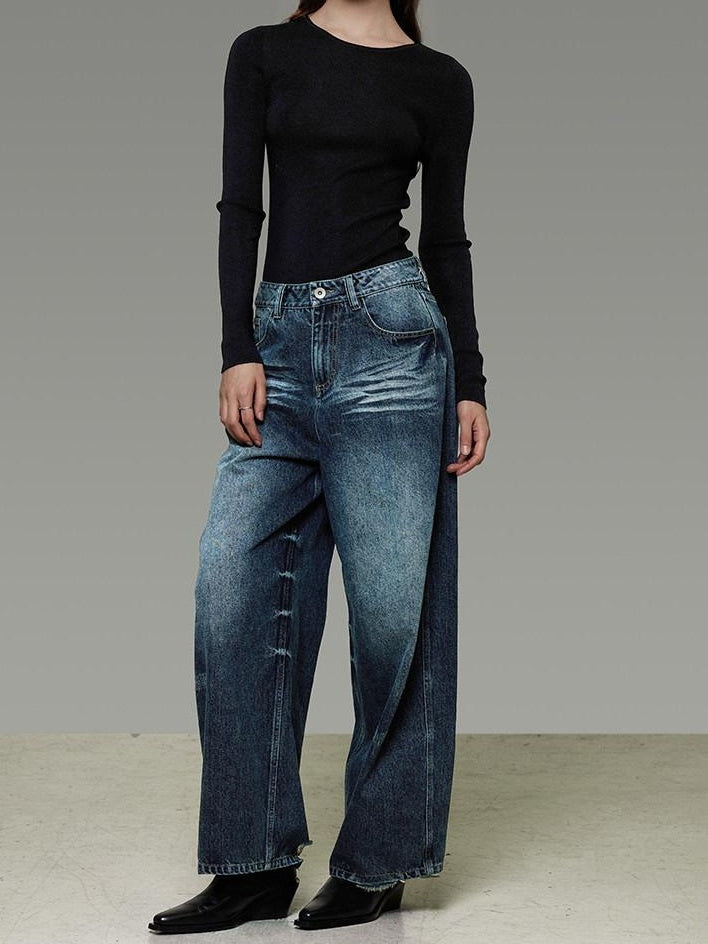 unspoken Washed High Waist Durable Workwear Vintage Blue Button Fly Rigid Wide Leg Jeans