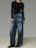 unspoken Washed High Waist Durable Workwear Vintage Blue Button Fly Rigid Wide Leg Jeans
