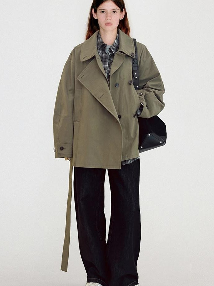 Double Breasted Khaki Korean Commuter Loose Mid Length Cotton Trench Coats