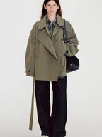 Double Breasted Khaki Korean Commuter Loose Mid Length Cotton Trench Coats
