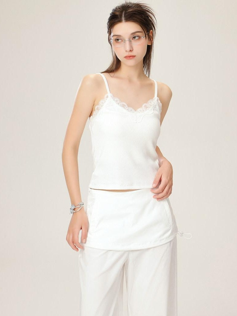 ikyou Lace Trim Slim Fit Spaghetti Strap Office Daily Stretch White Camisoles