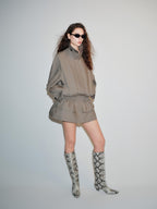 audreyyang Ruched Cotton Mid Length Zip Elastic Hem Long Sleeve Women Gray Cropped Jackets