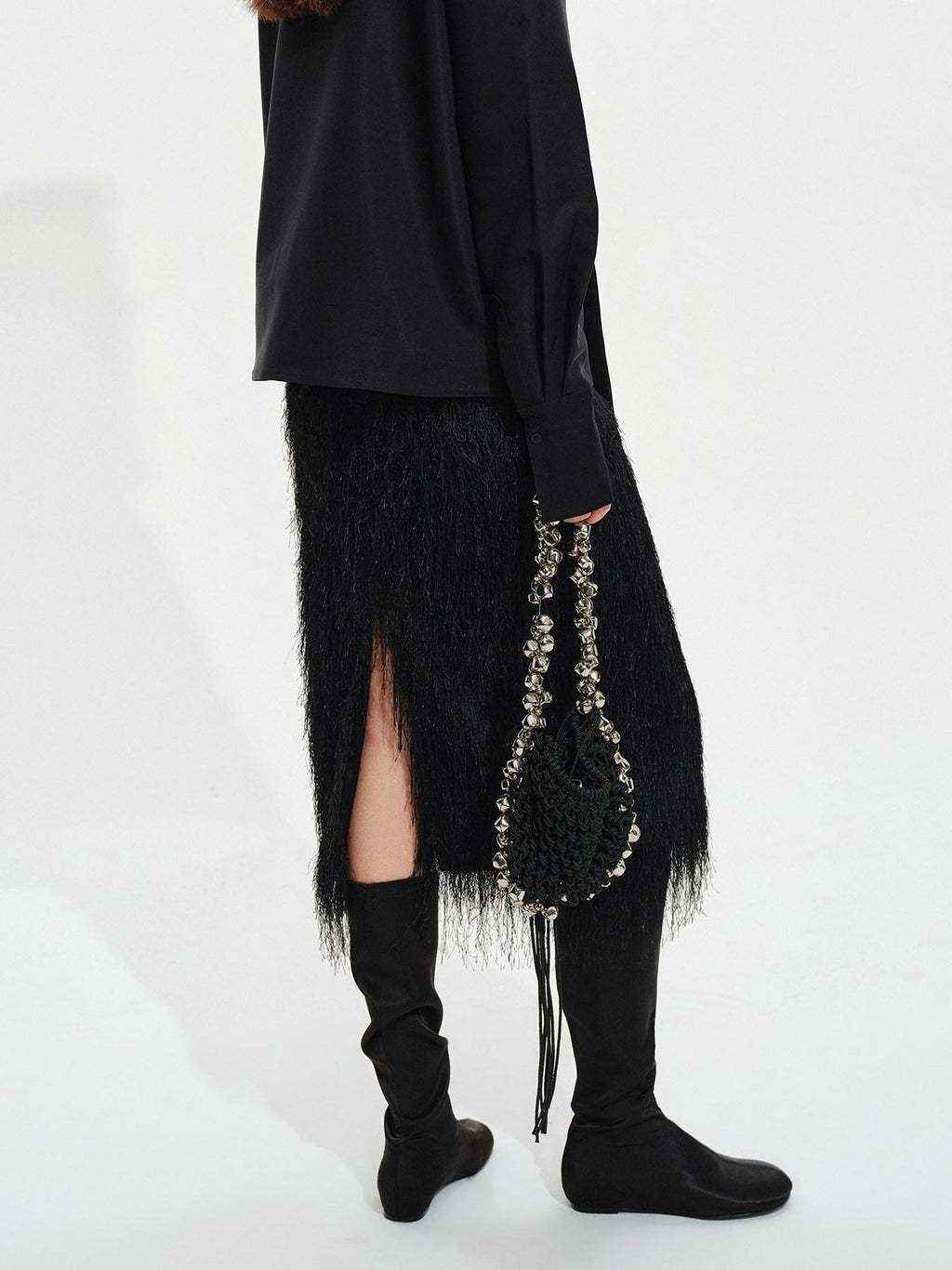 audreyyang Fringe Front Slit Mid Waist Straight Elastic Waist Lined Women Black Midi Skirts