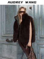 audreyyang Warm Reversible Faux Fur Stand Collar Sleeveless Relaxed Olive Short Coat
