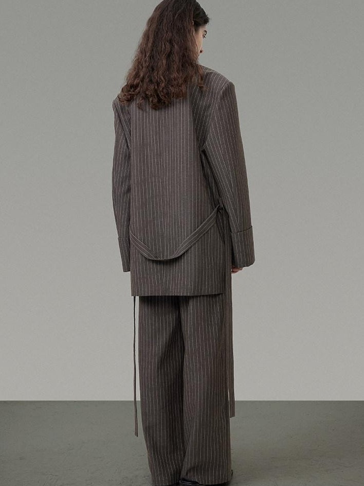 unspoken Minimalist V-neck Long Sleeve Tailored Brown Polyester Women Top & Pants Sets