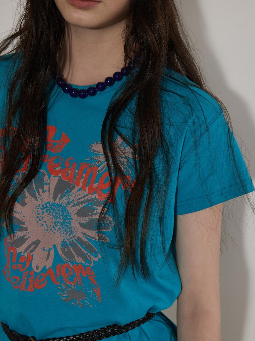 Lofi choose Cotton Floral Printed Loose Casual Round Neck Women Blue Short Sleeve T-Shirts