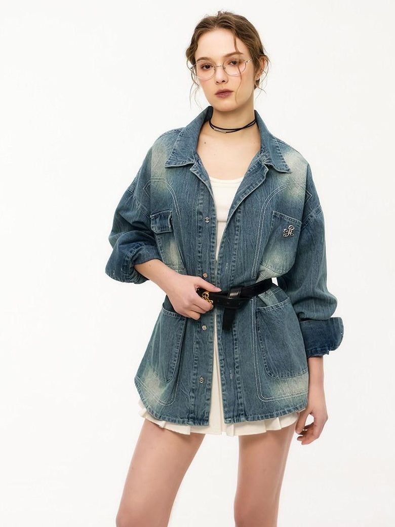 ikyou Shape Retaining Vintage Loose 3D Detail Women Midlength Blue Denim Jackets