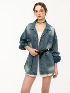 ikyou Shape Retaining Vintage Loose 3D Detail Women Midlength Blue Denim Jackets