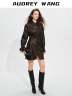 audreyyang Detachable Vintage Snake Print Pu Midlength Relaxed Womens Lapel Leather Jackets