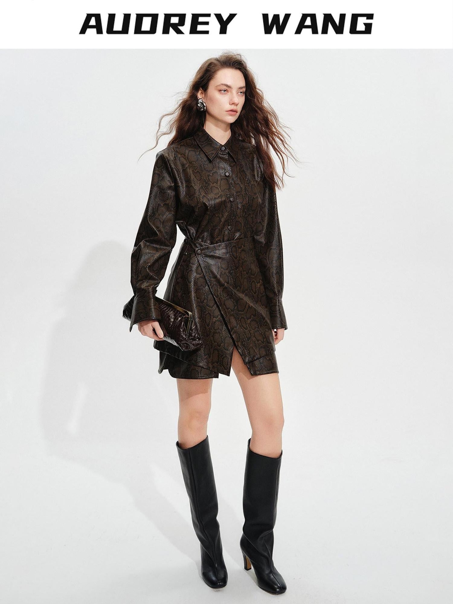 audreyyang Detachable Vintage Snake Print Pu Midlength Relaxed Womens Lapel Leather Jackets
