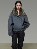 unspoken Deep Gray Cotton Zip Fur Collar Relaxed Commuter Insulated Puffer Jackets