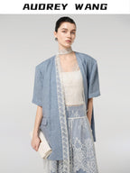 audreyyang Pure Linen Lightweight Relaxed Fit Lace Detail Commuter Women Wide Leg Pants