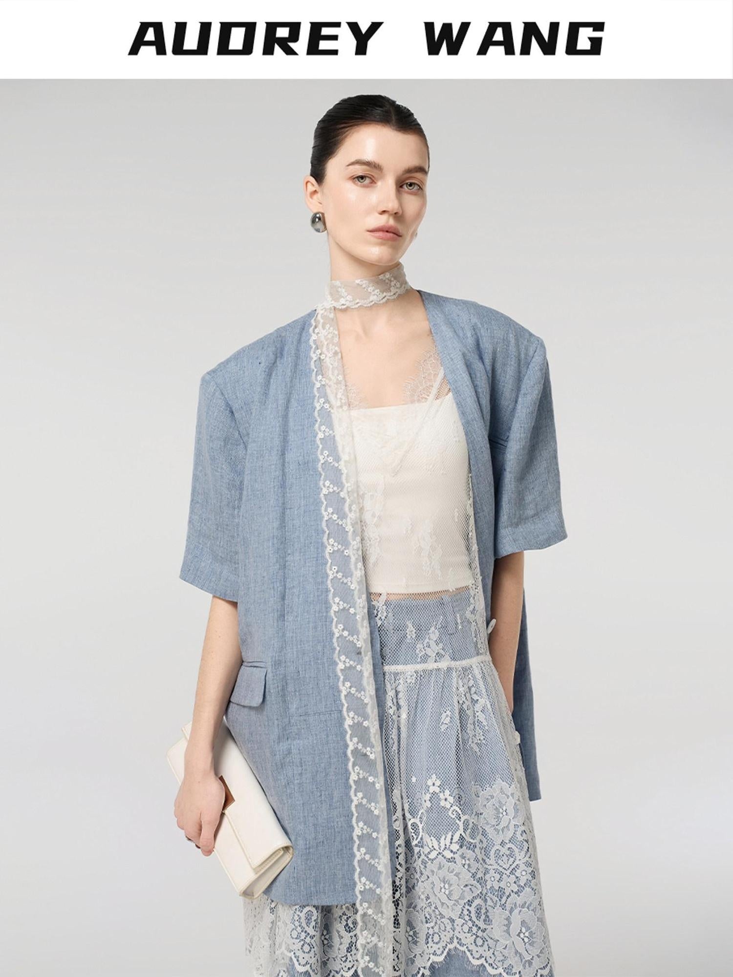 audreyyang Pure Linen Lightweight Relaxed Fit Lace Detail Commuter Women Wide Leg Pants