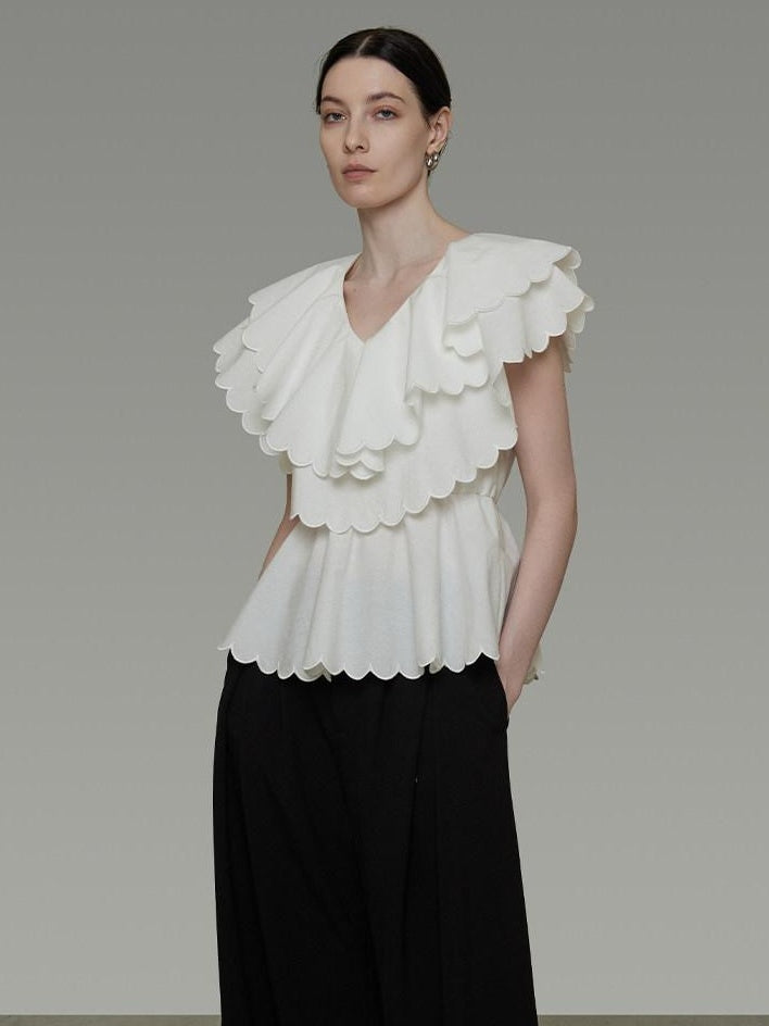 unspoken Breathable Cotton Blend Ruffle Collar Loose Minimal Commuter Women Blouses