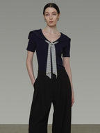 unspoken Soft Viscose Knit Slim Fit Colorblock Tie Women Office Short Sleeve T-Shirts