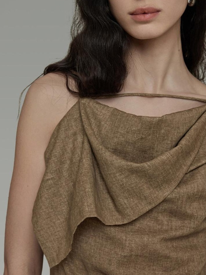 unspoken Cotton High Waist Irregular Hem Minimal Work Strappy Brown Maxi Dresses
