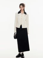 ikyou High Waist Embroidered A Line Casual Commuter Black Polyester Midi Skirts