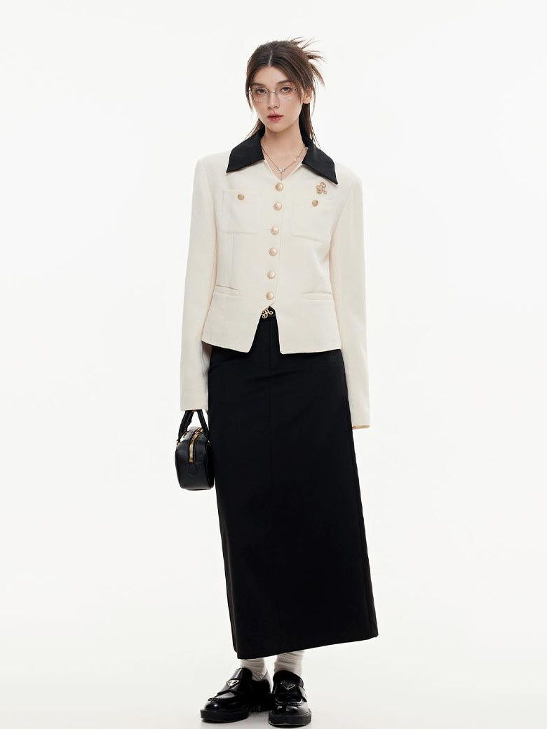 ikyou High Waist Embroidered A Line Casual Commuter Black Polyester Midi Skirts