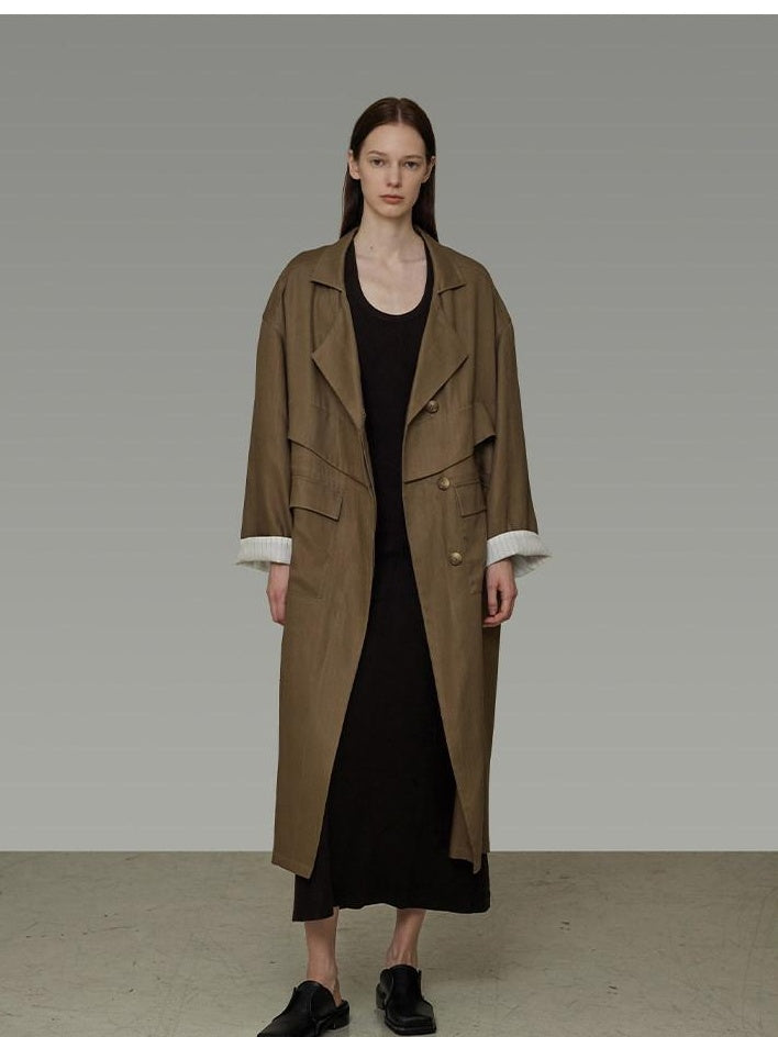 unspoken Minimalist Commuter Loose Long Single Breasted Women Olive Brown Trench Coats