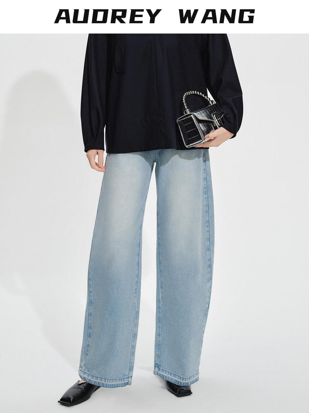 audreyyang High Waist Water Washed Light Blue Zipper Fly No Stretch Women Wide Leg Jeans