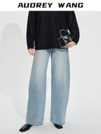 audreyyang High Waist Water Washed Light Blue Zipper Fly No Stretch Women Wide Leg Jeans