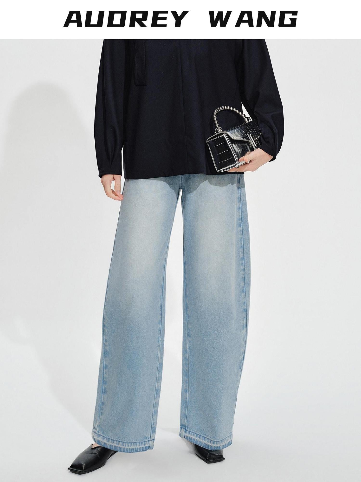audreyyang High Waist Water Washed Light Blue Zipper Fly No Stretch Women Wide Leg Jeans