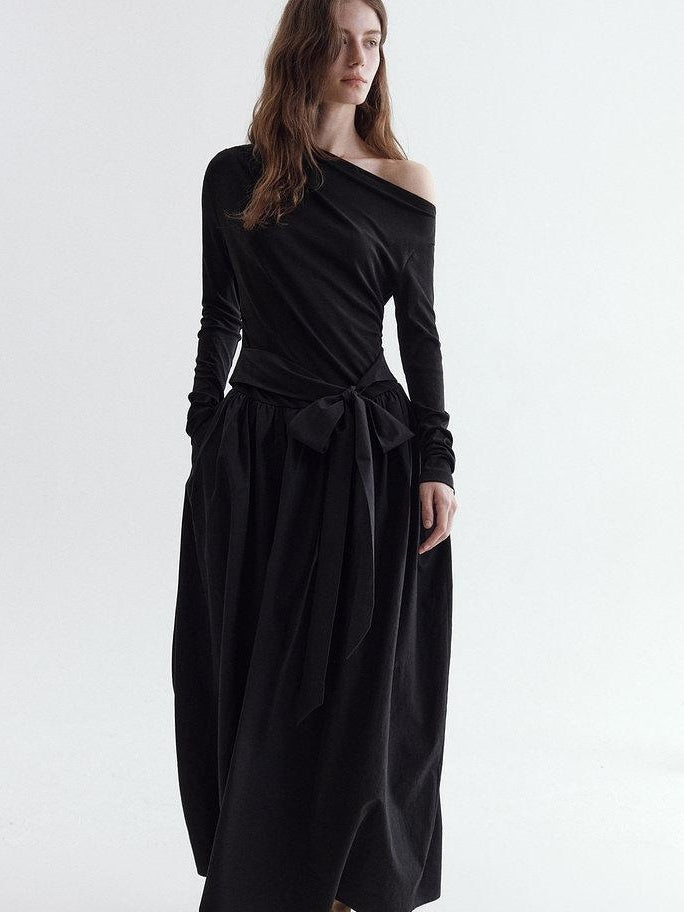 fano Viscose Blend Asymmetric Neck A Line Long Sleeve Workwear Women Maxi Dresses