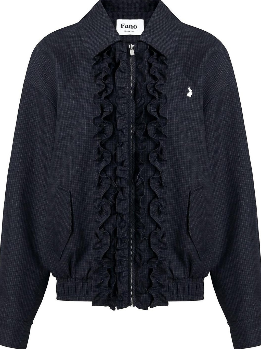 fano Vintage Black Grey Plaid Ruffle Loose Fit Viscose Zipper Women Bomber Jackets