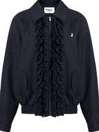 fano Vintage Black Grey Plaid Ruffle Loose Fit Viscose Zipper Women Bomber Jackets