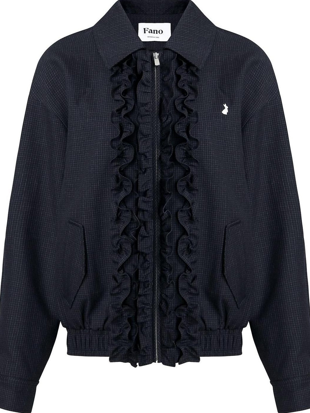 fano Vintage Black Grey Plaid Ruffle Loose Fit Viscose Zipper Women Bomber Jackets