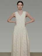 unspoken Elegant Jacquard V-neck High Waist A Line Sleeveless Work Off White Maxi Dresses