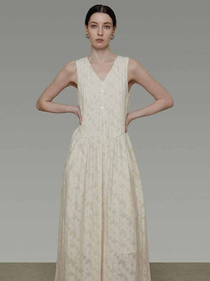 unspoken Elegant Jacquard V-neck High Waist A Line Sleeveless Work Off White Maxi Dresses