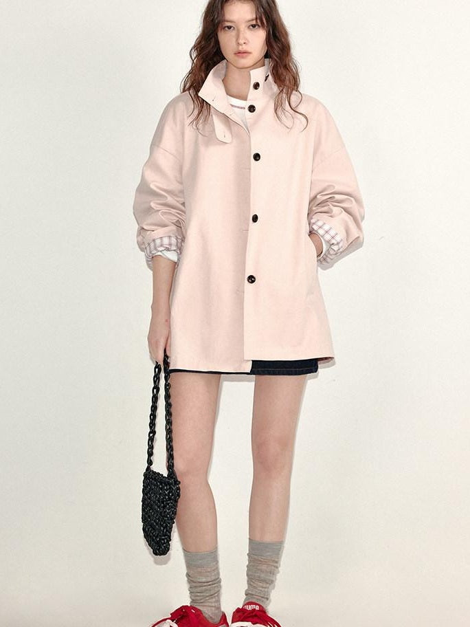 fano Pure Cotton Relaxed Commuter Stand Collar Midlength Peach Pink Trench Coats