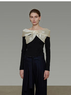 unspoken Elegant Slim Fit Knitted Contrast Bow Off Shoulder Long Sleeve Women Blouses