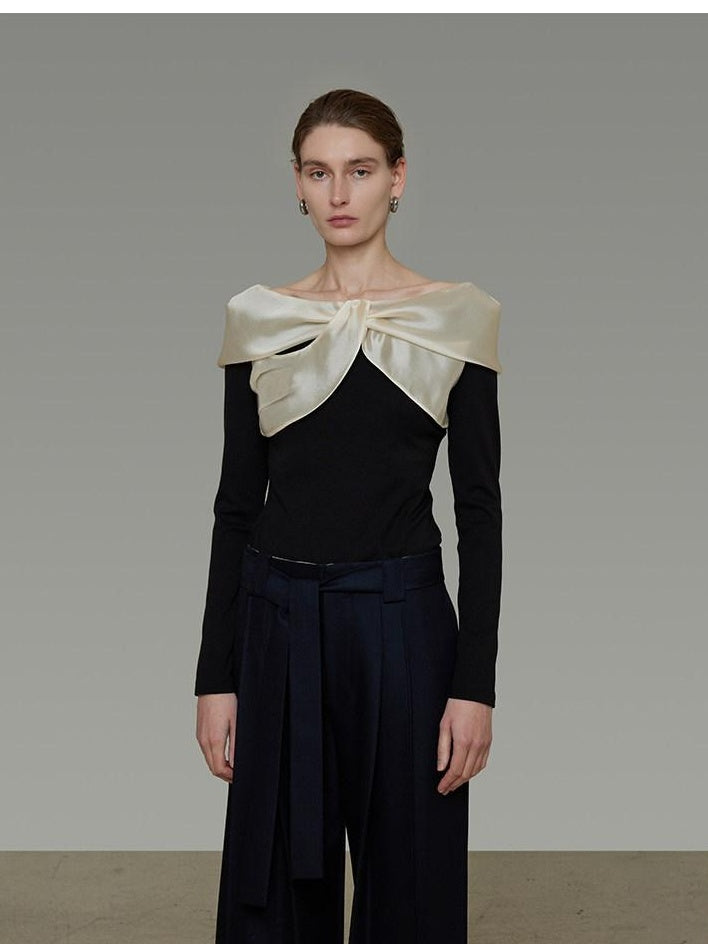 unspoken Elegant Slim Fit Knitted Contrast Bow Off Shoulder Long Sleeve Women Blouses