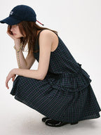 fano Cotton Sleeveless Korean Office A Line Plaid Natural Waist Midi Dresses