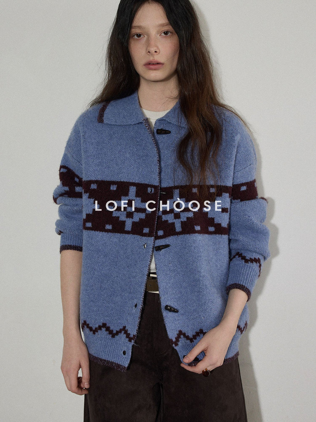 Lofi choose Acrylic Wool Relaxed Fit Commuter Cardigan Women Geometric Blue Sweaters