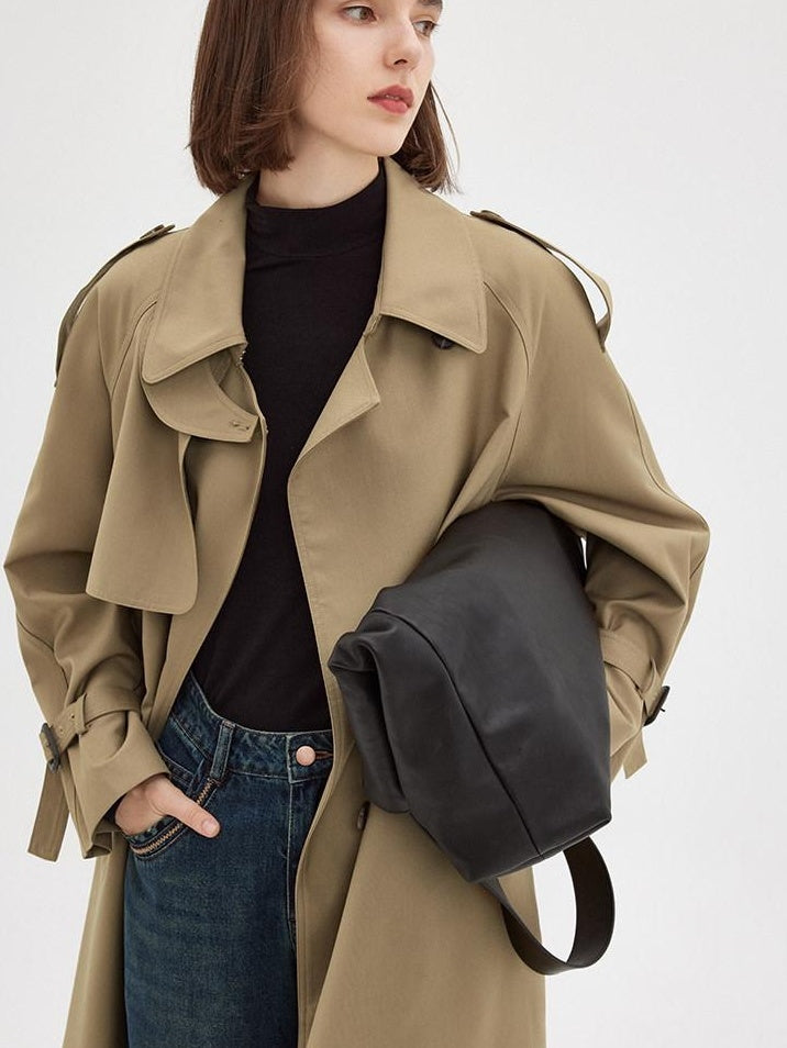 fano Pocketed Relaxed Raglan Midlength Double Breasted Khaki Womens Trench Coats