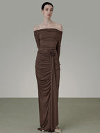 unspoken Slim Pleated Minimalist Workwear Women Pullover Polyester Brown Top & Skirt Sets