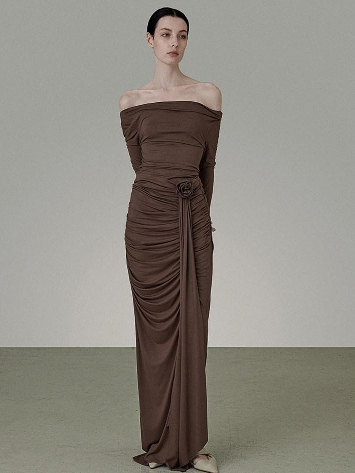 unspoken Slim Pleated Minimalist Workwear Women Pullover Polyester Brown Top & Skirt Sets