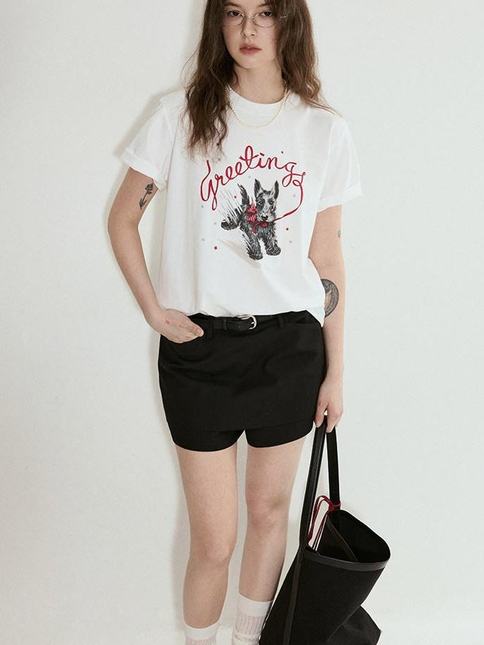 fano Cotton Blend Korean Loose Fit Crewneck Women White Printed Short Sleeve T-Shirts