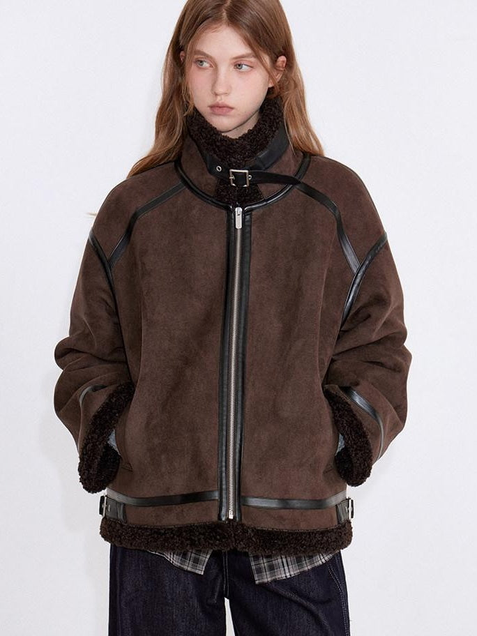 fano Chocolate Brown Fur Lined Stand Collar Loose Fit Casual Women Zip Bomber Jackets