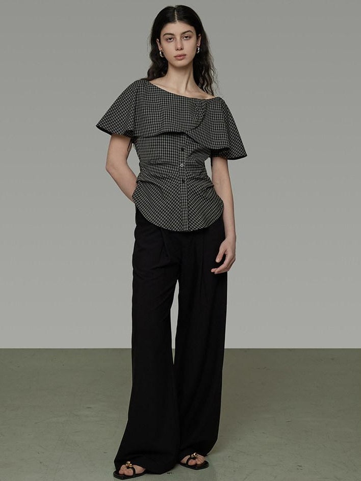 unspoken Breathable Minimal Loose Ruffle Boatneck Women Plaid Button Short Sleeve Blouses