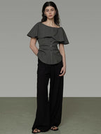 unspoken Breathable Minimal Loose Ruffle Boatneck Women Plaid Button Short Sleeve Blouses