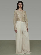 unspoken Breathable Lyocell Embroidered Vintage Loose Round Neck Women Almond Blouses