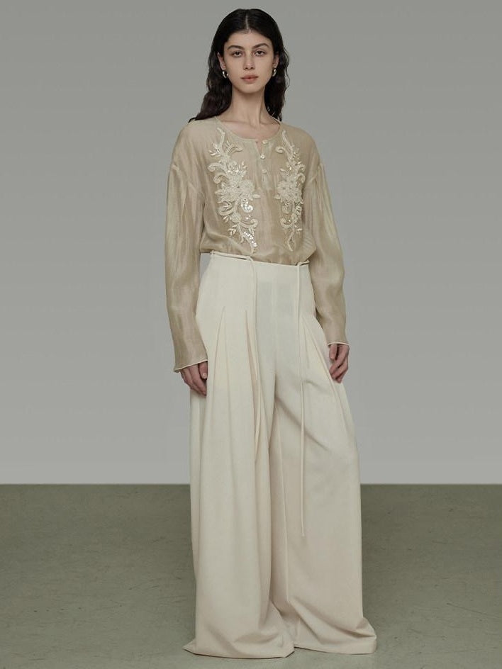 unspoken Breathable Lyocell Embroidered Vintage Loose Round Neck Women Almond Blouses
